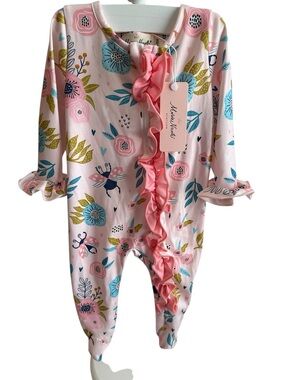 Marie Nicole Pink Floral & Blue Accent Ruffle Baby One-Piece